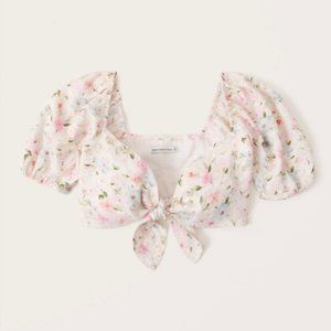 Abercrombie & Fitch Tie-Front Linen-Blend Puff Sleeve Top Size Large NEW NWT